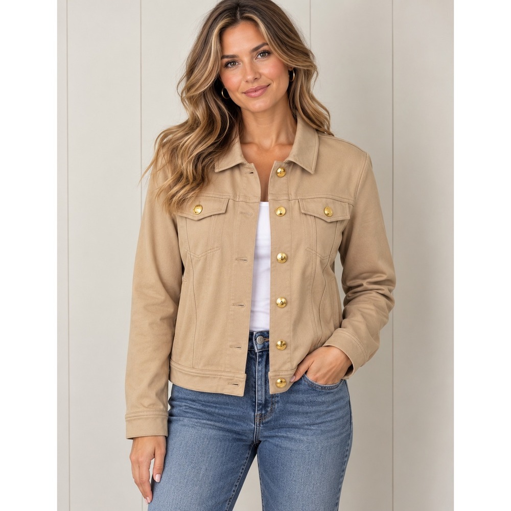 Cynthia Rowley Women's Tan Beige Knit Jacket Gold Crest Buttons Size XL